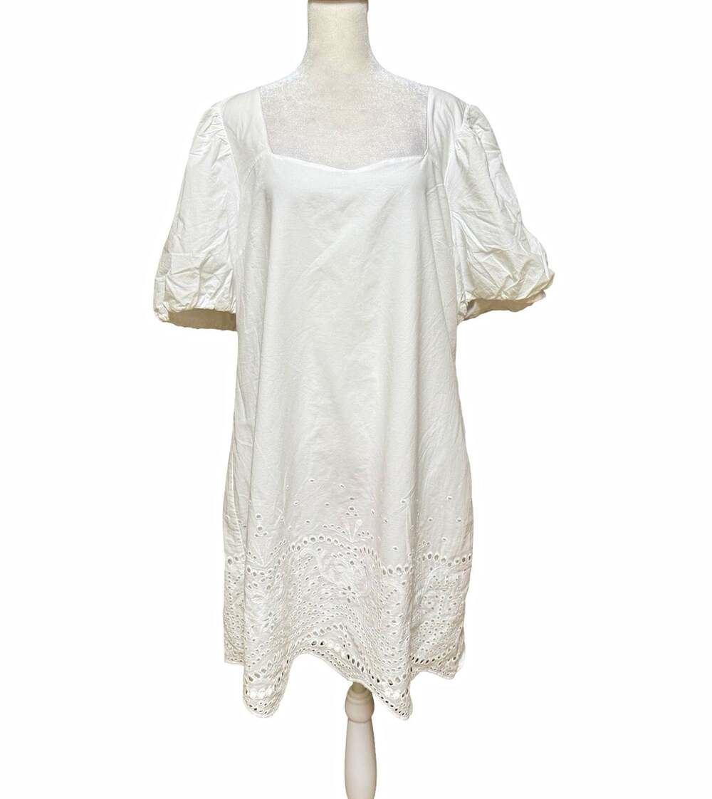 Express White Cotton Eyelet Puff Sleeve Square Neck Shift Dress Pockets XL